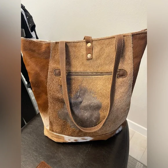 MYRA BAG / WALLET Tan hair on tote Calf Hair Leather Bag with wallet CHK PIC - Picture 3 of 14